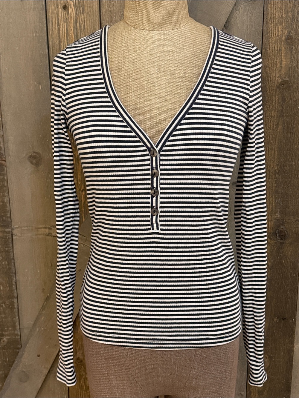 Faherty Navy White Striped Henley Top Pima Cotton Long Sleeve Nautical Small